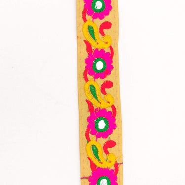 Beige Floral Mirrored Trim With Fuchsia Pink Flowers And Yellow Paisley Embroidery, Decorative Trimming, Trim By 3 Yards